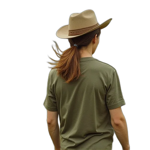 hat, jacket, hair, staff, photorealistic, 3d render, concept art, earth tones transparent PNG cut-out