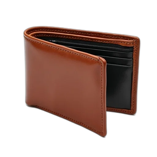 brown, leather, wallet, black, interior, lining, displayed, against transparent PNG cut-out