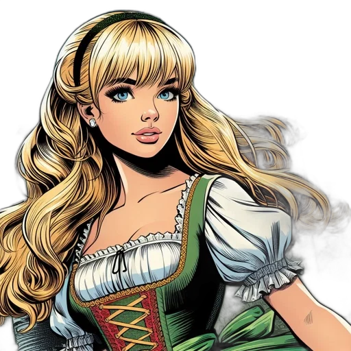 dress, fantasy art, comic book art, cartoon, photorealistic, blonde-haired, woman, green transparent PNG cut-out