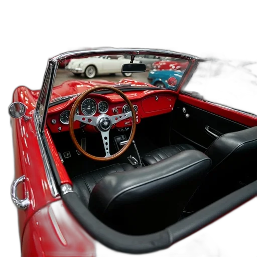 car, photorealistic, 3d render, concept art, red, vintage, black, interior transparent PNG cut-out