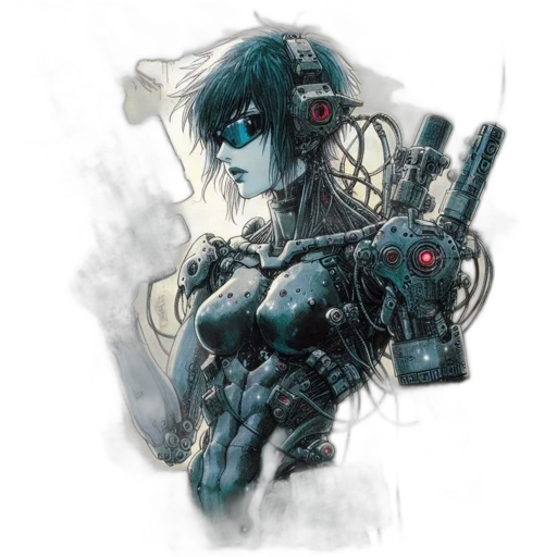 robot, weapon, cyberpunk, concept art, comic book art, fantasy art, blue, female transparent PNG cut-out