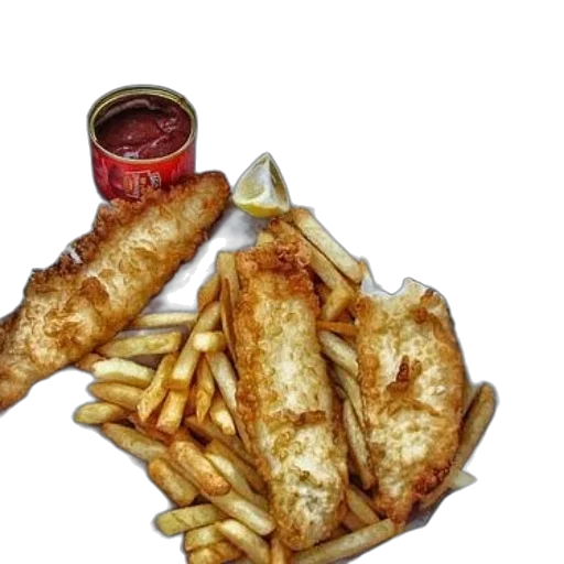 food, jacket, weapon, photorealistic, 3d render, basket, fish, chips transparent PNG cut-out