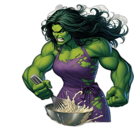 comic book art, concept art, fantasy art, kitchen, setting, green-skinned, figure, portrayed transparent PNG cut-out