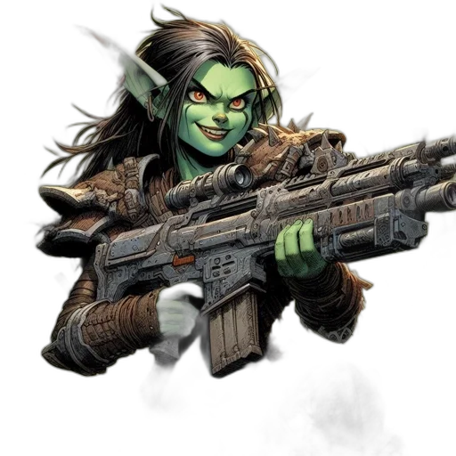 weapon, concept art, comic book art, fantasy art, elf-like, creature, green, skin transparent PNG cut-out