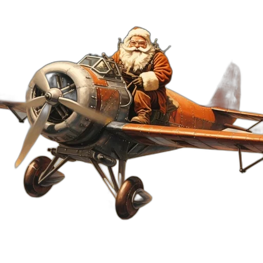 concept art, 3d render, photorealistic, fantasy art, vintage, santa, claus-themed, airplane transparent PNG cut-out