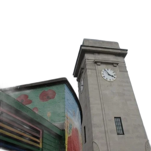 building, 3d render, city street, clock, tower, mural, poppies, side transparent PNG cut-out