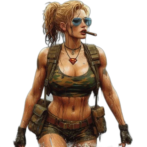 concept art, comic book art, cyberpunk, fantasy art, earth tones, woman, military, outfit transparent PNG cut-out