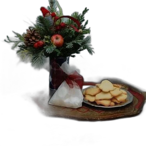 food, photorealistic, festive, arrangement, featuring, vase, pinecones, berries transparent PNG cut-out