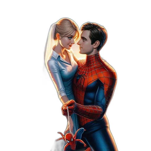 comic book art, concept art, fantasy art, cartoon, evening, cityscape, spider-man, embraces transparent PNG cut-out