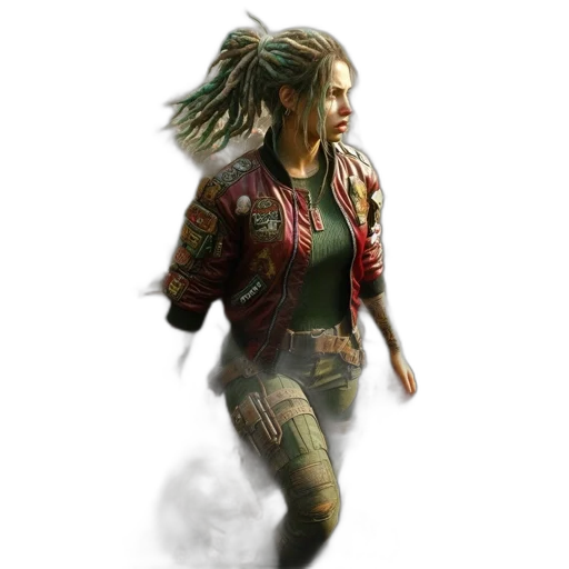 jacket, concept art, comic book art, cyberpunk, fantasy art, determined, woman, wearing transparent PNG cut-out