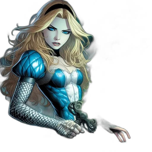 comic book art, fantasy art, concept art, photorealistic, blue, determined, blonde, female transparent PNG cut-out