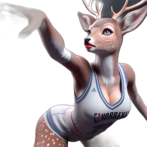 3d render, concept art, fantasy art, photorealistic, animated, deer, basketball, jersey transparent PNG cut-out