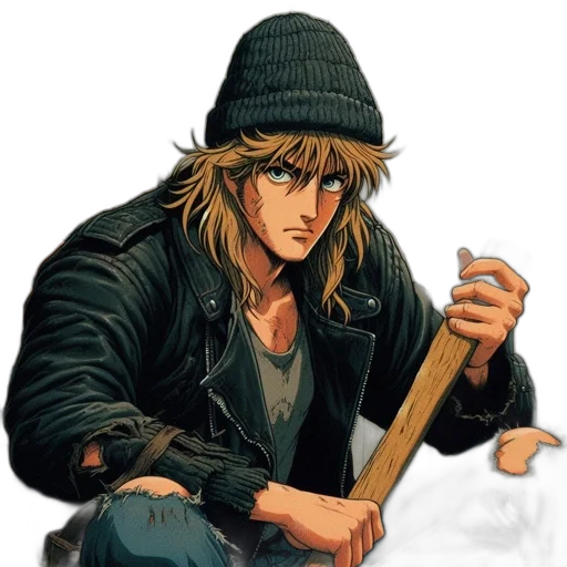 jacket, hat, weapon, sword, comic book art, concept art, photorealistic, pixel art transparent PNG cut-out