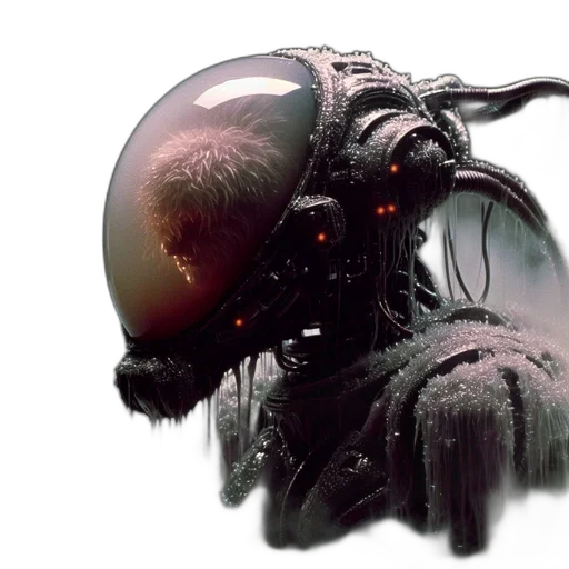 robot, creature, hair, weapon, concept art, cyberpunk, photorealistic, 3d render transparent PNG cut-out