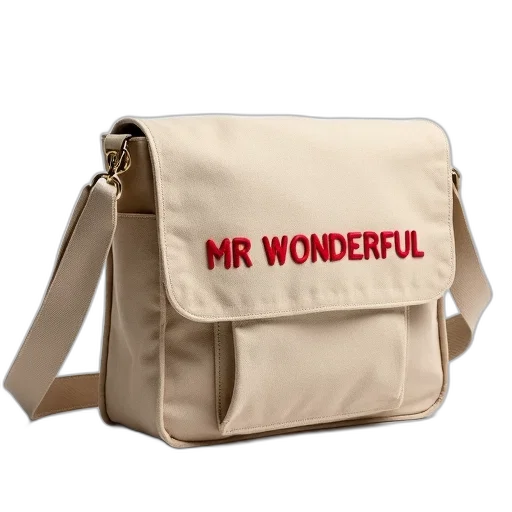 beige, canvas, shoulder, bag, red, embroidered, text, wonderful transparent PNG cut-out