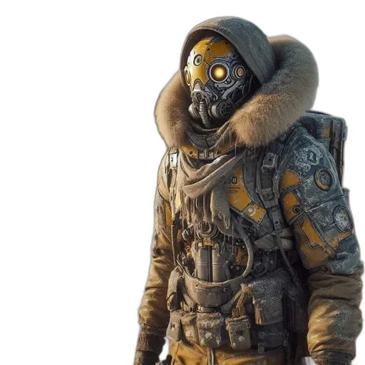 jacket, mask, creature, face, concept art, cyberpunk, 3d render, outer space transparent PNG cut-out