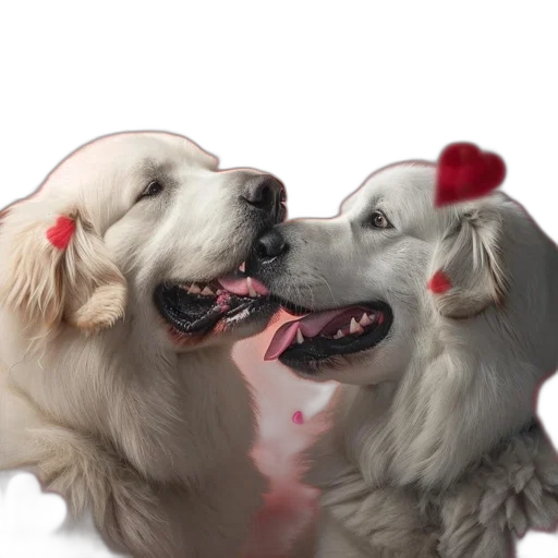 two, great, pyrenees, dogs, nuzzle, affectionately, setting, red transparent PNG cut-out