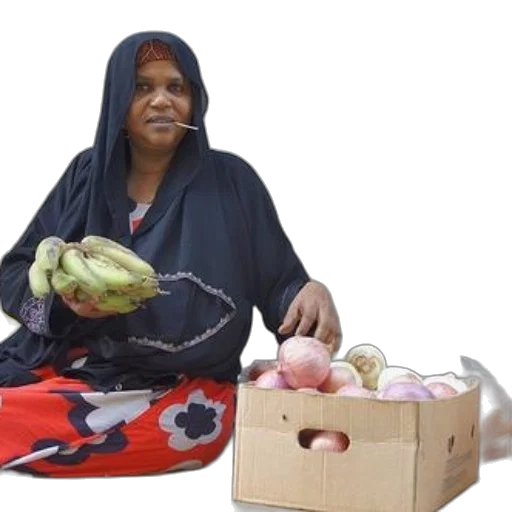 woman, wearing, black, headscarf, red, skirt, holds, bananas transparent PNG cut-out