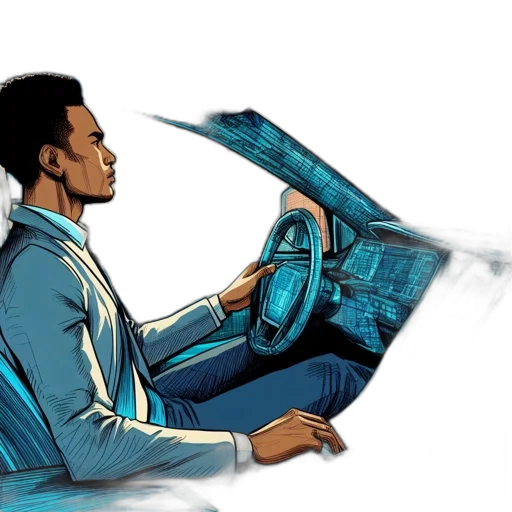 car, concept art, comic book art, cyberpunk, man, sits, blue-tinted, interior transparent PNG cut-out