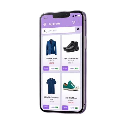 jacket, smartphone, screen, displaying, e-commerce, website, purple, background transparent PNG cut-out