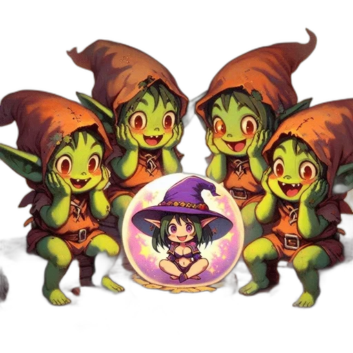 concept art, fantasy art, pixel art, 3d render, four, green-skinned, pointy-eared, creatures transparent PNG cut-out