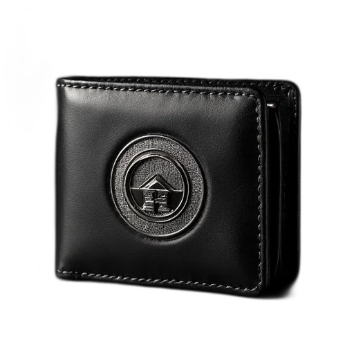 black, leather, wallet, silver, emblem, front transparent PNG cut-out