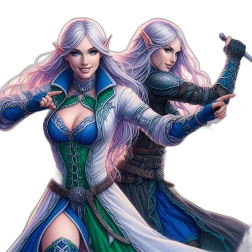 fantasy art, concept art, comic book art, pixel art, blue, two, elven-like, females transparent PNG cut-out