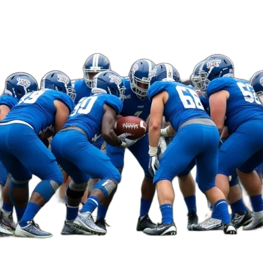 group, football, players, blue, uniforms, huddled, together, field transparent PNG cut-out