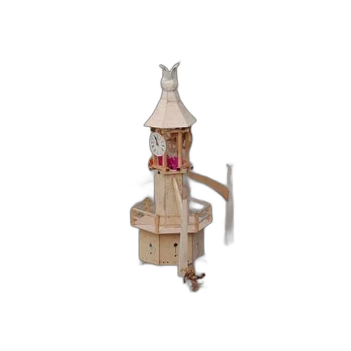 3d render, small, wooden, clock, tower, bird, top, sits transparent PNG cut-out