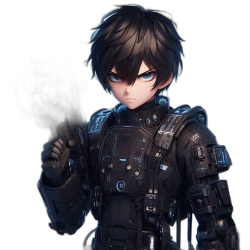 robot, weapon, staff, jacket, concept art, cyberpunk, fantasy art, pixel art transparent PNG cut-out