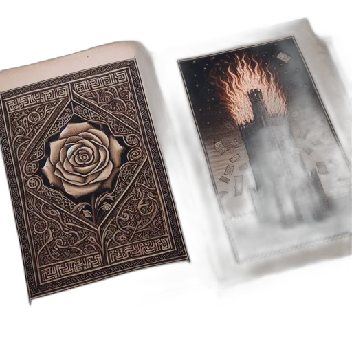 fire, open, book, displays, delicate, rose, illustration, one transparent PNG cut-out