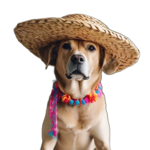 hat, animal, staff, umbrella, dog, likely, labrador, wears transparent PNG cut-out