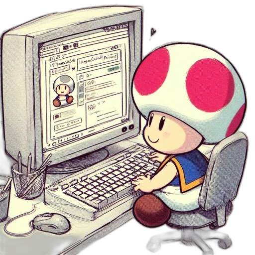 pixel art, concept art, fantasy art, 3d render, toad, sits, desk, using transparent PNG cut-out