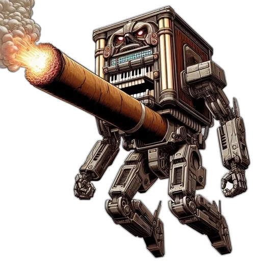 robot, weapon, concept art, pixel art, image, depicts, steampunk-styled, vintage transparent PNG cut-out