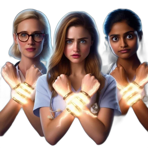 jewelry, concept art, comic book art, neon lights, three, female, medical, professionals transparent PNG cut-out