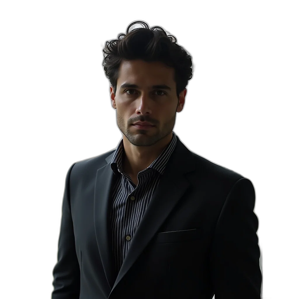 jacket, staff, face, hair, photorealistic, concept art, 3d render, dark transparent PNG cut-out