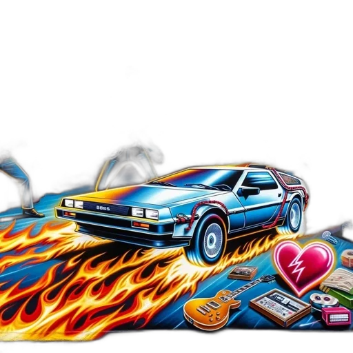 car, concept art, comic book art, photorealistic, vaporwave, fire, vibrant, colorful transparent PNG cut-out