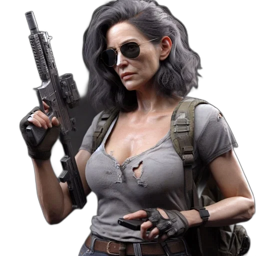 weapon, concept art, pixel art, comic book art, photorealistic, elderly-looking, woman, gray transparent PNG cut-out