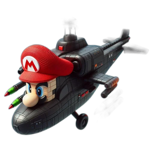 weapon, car, 3d render, concept art, pixel art, mario, perched, atop transparent PNG cut-out