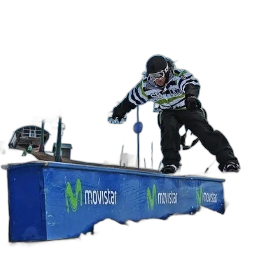 snowboarder, rides, blue, rail, movistar, logo transparent PNG cut-out