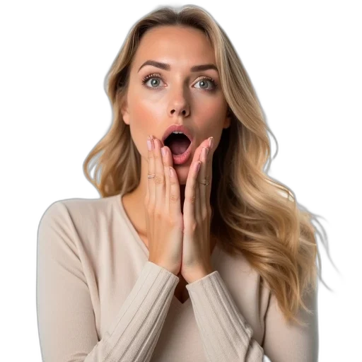 face, staff, woman, holding, her, mouth, astonishment, while transparent PNG cut-out