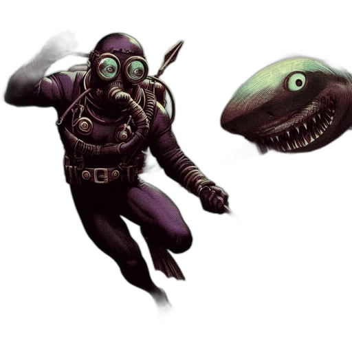 creature, mask, robot, concept art, comic book art, fantasy art, pixel art, underwater transparent PNG cut-out