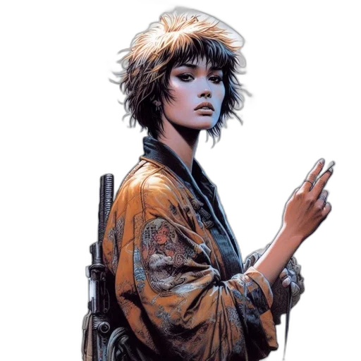 jacket, weapon, staff, comic book art, concept art, cyberpunk, photorealistic, earth tones transparent PNG cut-out