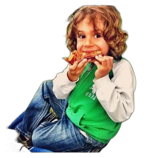 food, animal, photorealistic, child, green, hoodie, jeans, eating transparent PNG cut-out