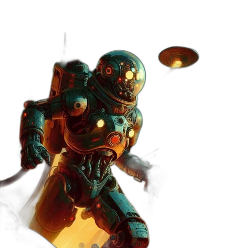 robot, weapon, concept art, 3d render, comic book art, photorealistic, outer space, green transparent PNG cut-out