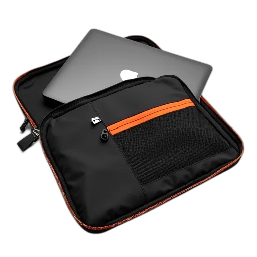 black, orange, laptop, sleeve, zipper, closure, open, displaying transparent PNG cut-out