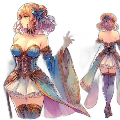 dress, concept art, fantasy art, anime, watercolor, pastel, blue, colorful transparent PNG cut-out