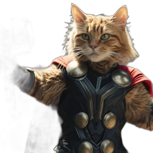 animal, concept art, comic book art, fantasy art, 3d render, cat, dressed, thor transparent PNG cut-out