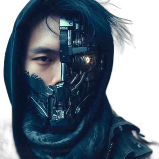 mask, face, jacket, robot, cyberpunk, concept art, photorealistic, fantasy art transparent PNG cut-out