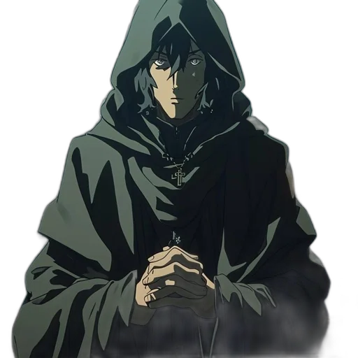 jacket, mask, staff, face, concept art, anime, pixel art, fantasy art transparent PNG cut-out